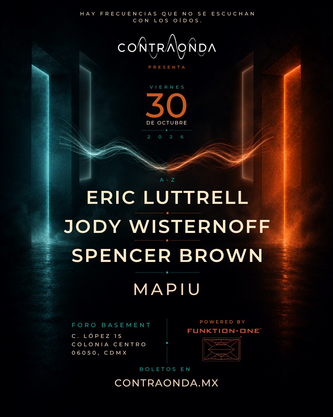 Contraonda presenta: Eric Luttrell, Jody Wisternoff, Spencer Brown + Mapiu — Viernes 30 de octubre 2026, Foro Basement, CDMX
